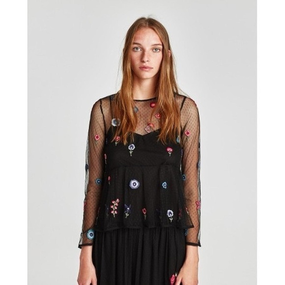 Zara XS long sleeve mesh top with flower embroidery with cami tank black - Picture 1 of 9